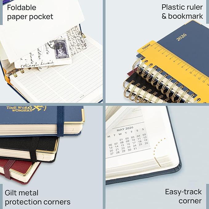 POPRUN 2026 Daily Planner One Page A Day - [8.5" x 5.75" Wire-Bound Hard Cover] Agenda 2026 Hourly Appointment Book with Monthly Calendar, Inner Pocket, Ivory Paper - Haze Blue