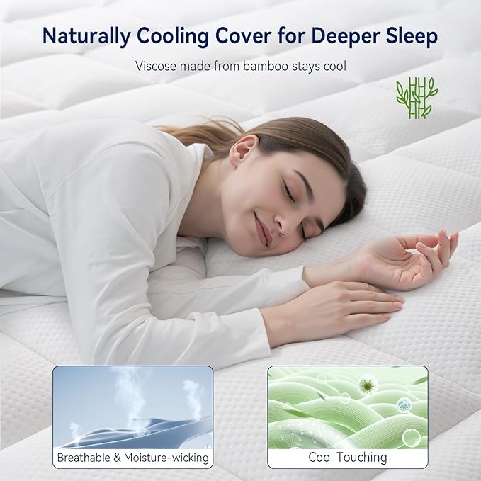 ELEMUSE 3 Inch Cooling Memory Foam Mattress Topper Queen, 2 Inch Pressure-Relieving Memory Foam and 1 Inch Thick Soft Viscose Made from Bamboo Pillow Top for Hot Sleepers, Removable & Washable Cover