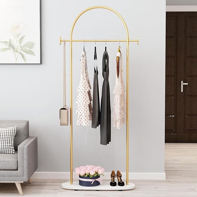 Gold Clothing Rack with Marble Base, Modern Gold Coat Racks Freestanding with 2 Hooks, Heavy Duty Clothes Rack, Coat Rack Stand for Entryway, Bedroom, Living Room, Boutiques