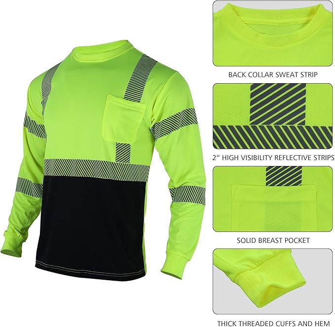 VENDACE 3pcs Safety T Shirts Reflective High Visibility Hi Vis Long Sleeve Construction Work Shirts for Men Class 3