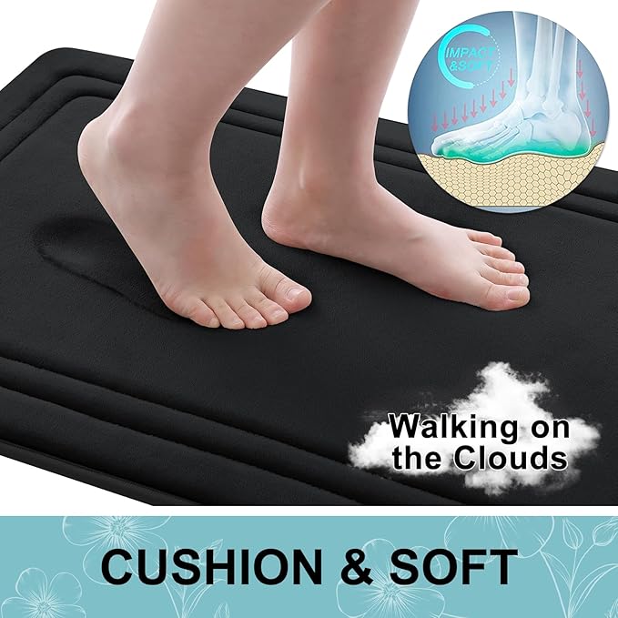 Grandaily Memory Foam Bath Mat Rug 59x34, Ultra Soft, Non-Slip and Absorbent Bathroom Rugs, Machine Wash Dry, Comfortable Bath Carpet for Bathroom Floor, Tub and Shower, Black