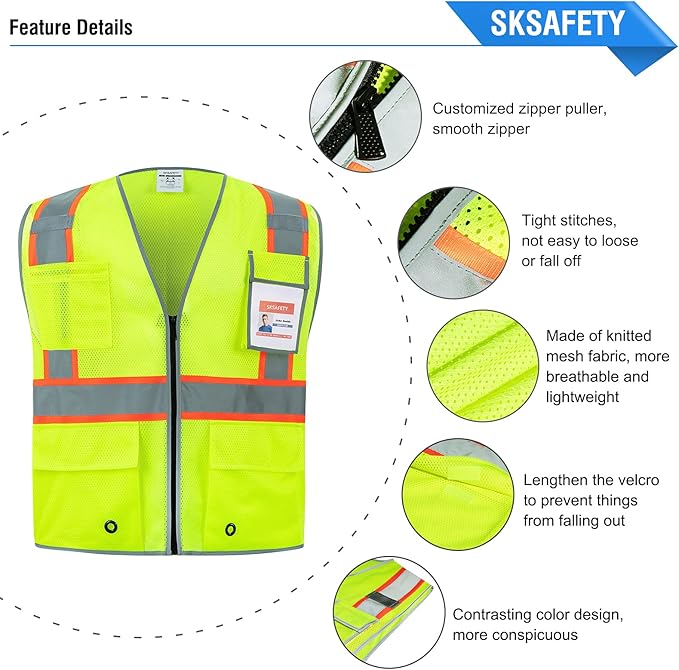 SKSAFETY 10 Pockets Safety Vest, Class 2 High Visibility Security with Zipper Double-sided mesh, Hi Vis Vest with Reflective Strips, ANSI/ISEA Standard, Construction Work Vest （Lime, 4XL）