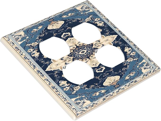 Decorative Switch Plate Covers Boho Beige Navy Blue Medallion 2 Gang Outlet Covers Double Duplex Light Switch Cover Plate Gfci Wall Plate for Country Bathroom Bedroom Decor