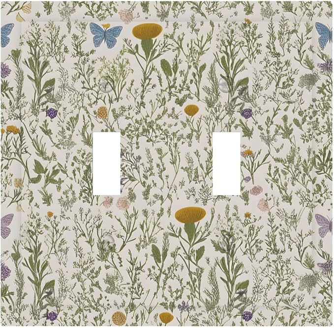 Floral Vintage Garden Plants Herbs Flowers Botanical Double Toggle Light Switch Covers Decorative Mustard Green 2 Gang Wall Plate Dual Device Electrical Switchplate Dimmer Faceplate Decor