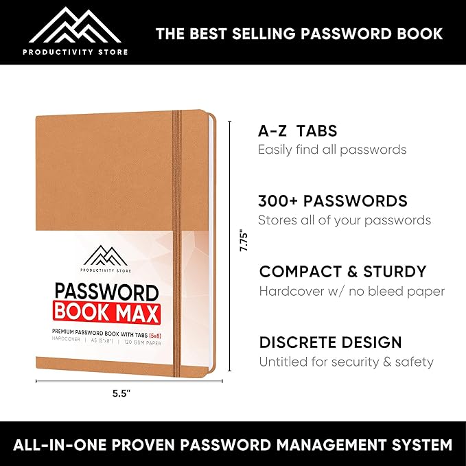 Best Password Book with Alphabetical Tabs | Password Book, Organizer & Notebook | Password Keeper to Keep Website Logins & Passwords Safe | Black | Medium 5x8 | Productivity Store