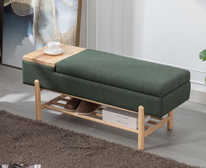 EALSON Modern Storage Bench for Bedroom End of Bed Linen Upholstered Entryway Bench with Shoe Rack Ottoman Window Bench with Wood Frame Farmhouse Long Seating Bench for Hallway/Foyer, Green