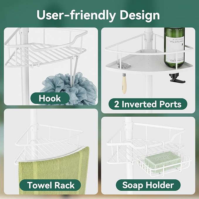 Corner Shower Caddy Tension Pole, 4 Tier Rustproof Shower Tension Rod Organizer, Adjustable 25-125 Inch Bathroom Shower Organizer Shelves for Bathtub Shampoo Storage, White