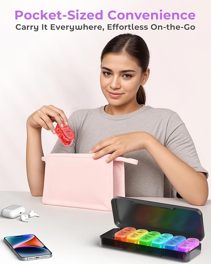 Pill Organizer, 𝐏𝐢𝐥𝐥 𝐁𝐨𝐱 𝟕 𝐃𝐚𝐲, AM & PM Medicine Organizer 7 Days, Weekly Pill Organinzer 2 Times a Day, Pill Case for Travel, Vitamins, Fish Oils, Supplements
