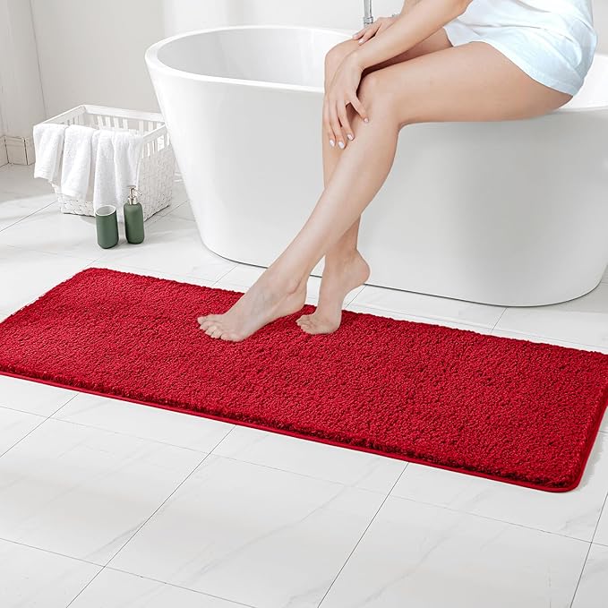 MIULEE Christmas Red Extra Thick Non Slip Bathroom Rug Shaggy Soft Bath Mat Plush Microfiber Absorbent Water for Shower Tub Machine Washable (16x48 Inches)