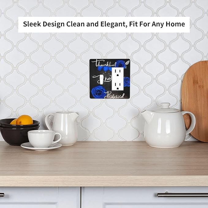 Light Switch Cover Blue Rose Thankful Grateful Blessed 2 Gang Toggle Rocker Combo Wall Plates Romantic Blue Floral Decorative Switch Plates and Outlet Covers Receptacle Cover for Home Decor