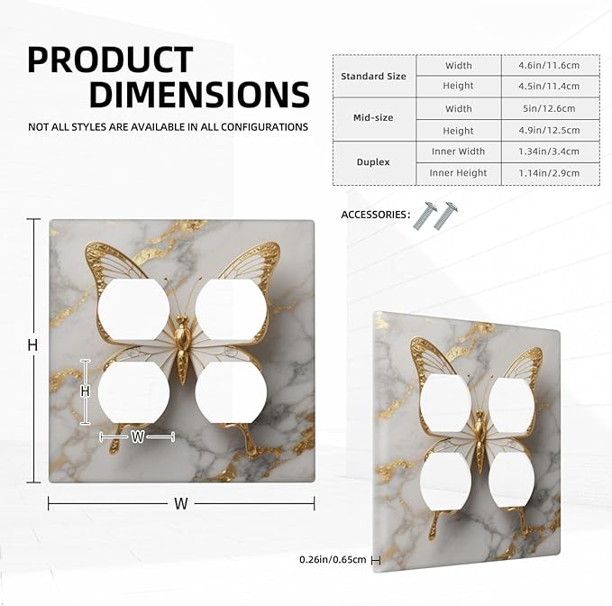 Gold Marble Shine Butterfly Abstract Modern Print Outlet Covers 2 Gang Double Duplex Decorative Light Switch Covers Electrical Wallplates Socket Faceplate for Bed Room Bathroom Decor