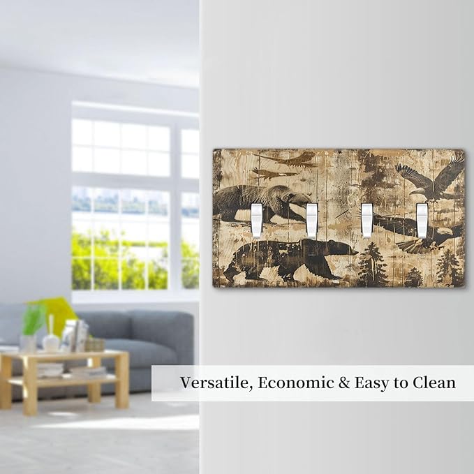 Light Switch Covers Vintage Cabin Wildlife Animal Bear Eagle Forest Quad Toggle Electrical Faceplate 4 Gang Wall Plate Decorative Switch Plates for Farmhouse Bedroom Decor