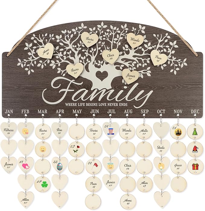 CHDITB Personalized Family Tree Birthday Reminder Board(16"x8"), Wooden Family Birthday Tracker Wall Hanging with 100 Tags, DIY Birthday Gifts for Mother Grandma Friends Family