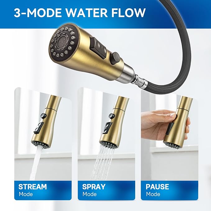 Gold Kitchen Faucet with Sprayer,Single Handle Kitchen Sink Faucet with Pull Out Sprayer, Champagne Bronze, Arofa Brushed Gold Brass Faucets for RV/Outdoor/Laundry Sink