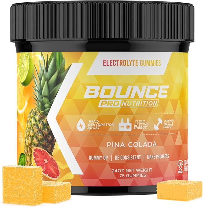 Bounce Pro Hydration Electrolyte Gummies – 75 Vegan Chewable Gummies with Sodium, Potassium & Magnesium for Running, Workouts & Endurance – No Sugar, Caffeine Free Electrolyte Chews, Pina Colada