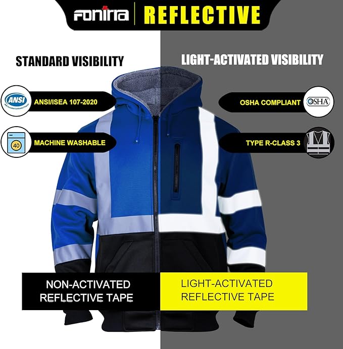 FONIRRA Men's High Visibility Safety ANSI Class 3 Lined Fleece Hoodie Sweatshirt with Black Bottom Jumper Workwear for Men(Blue,4XL)