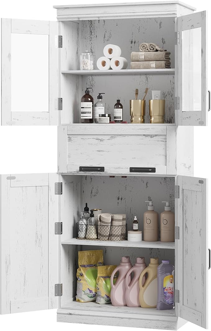 GarveeHome 67" Tall Bathroom Cabinet with 4 Doors & Flip Glass Drawer, Storage Cabinet with Adjustable Shelves, Freestanding Organizer for Kitchen, Living Room (Ivory)