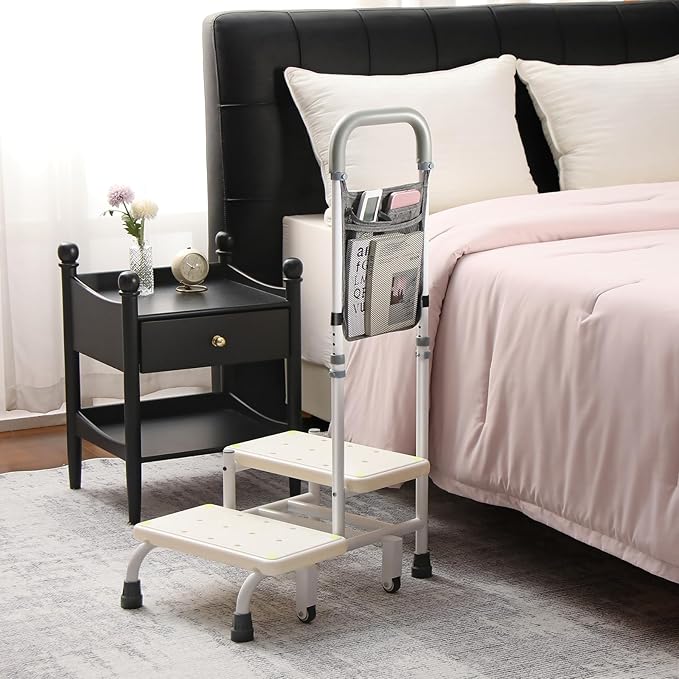 NOVII Step Stool with Wheels and Storage Bag for Elderly, 2 Step Stool with Handle,Adjustable Bed Steps for High Beds for Adults,Portable Footstool for Bedroom, Kitchen, Bathroom (White)