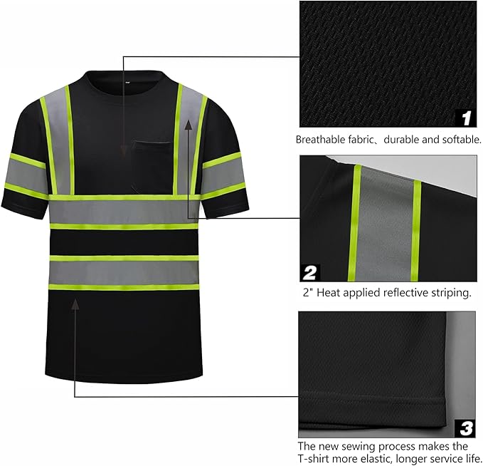 High Visibility Shirts Quick Dry Safety T Shirts with Reflective Strips and Pocket Short Sleeve Mesh Hi Vis Construction Work Class 2 Shirt for Men/Women Black,6XL