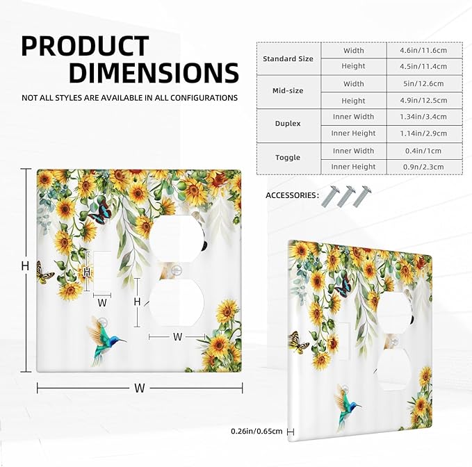 Yellow Sunflower Butterfly with Bird Decorative Light Switch Cover Plate 1 Toggle/1 Duplex Outlet Covers 2 Gang Combo Gfci Wall Plate Electrical Receptacle Switchplate for Bathroom Decor