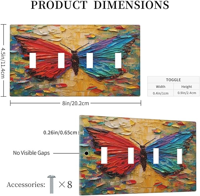 Light Switch Covers Colorful Butterfly Animal Insects Wall Art Abstract Quad Toggle Electrical Faceplate 4 Gang Wall Plate Decorative Switch Plates for Bedroom Home Decor