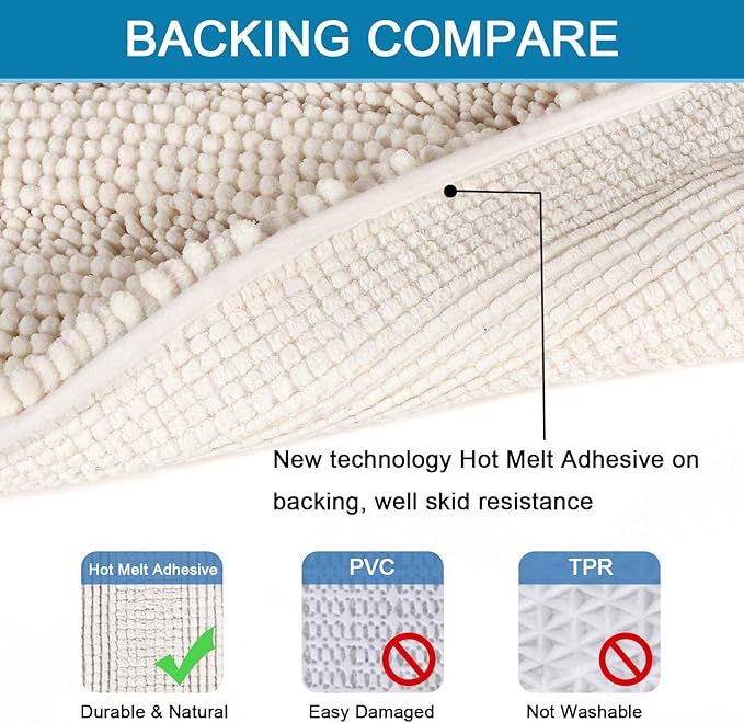 H.VERSAILTEX Bath Rugs for Bathroom Non Slip Bath Mats Extra Thick Chenille Striped Rug 20" x 32" Absorbent Non Skid Fluffy Soft Shaggy Washable Dry Fast Plush Mat for Indoor, Bath Room, Tub - Ivory