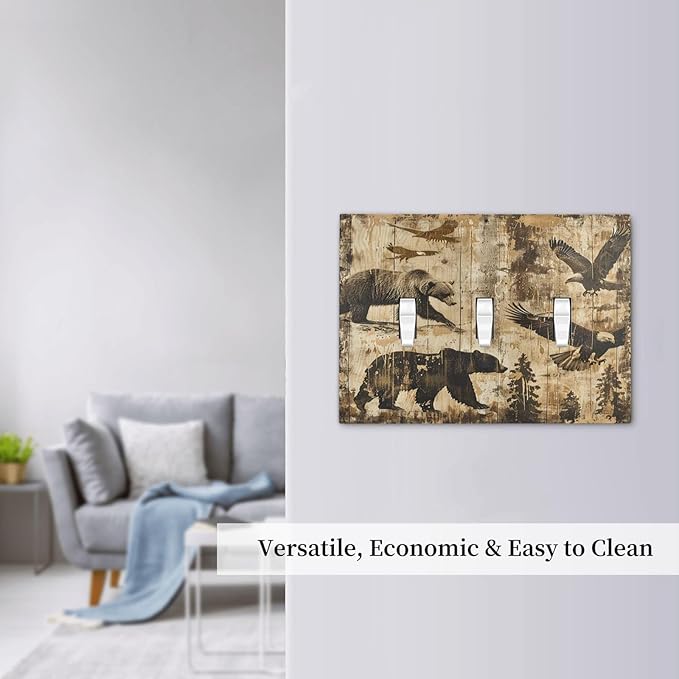 Decorative Switch Plates Vintage Cabin Wildlife Animal Bear Eagle Forest 3 Gang Wall Plate Triple Toggle Light Switch Cover Faceplate Electrical Wall Panels for Farmhouse Bedroom Decor
