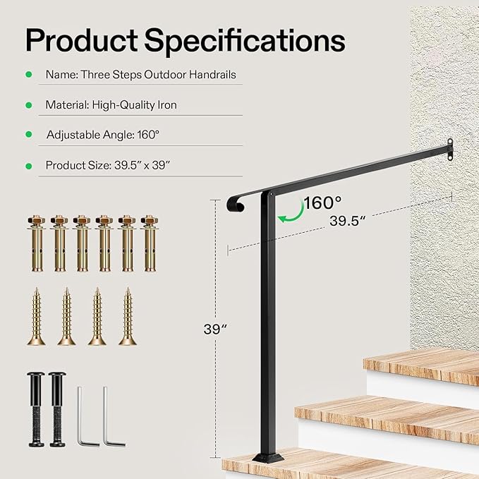 VIVOSUN Outdoor Handrail, 3 Step Stair Handrail, 39.5" x 39" Fits 1 to 3 Steps, Wrought Mattle Iron Stair Railing with Single Curved End for Concrete Steps, Porch Steps, One-Step Assembly, Black