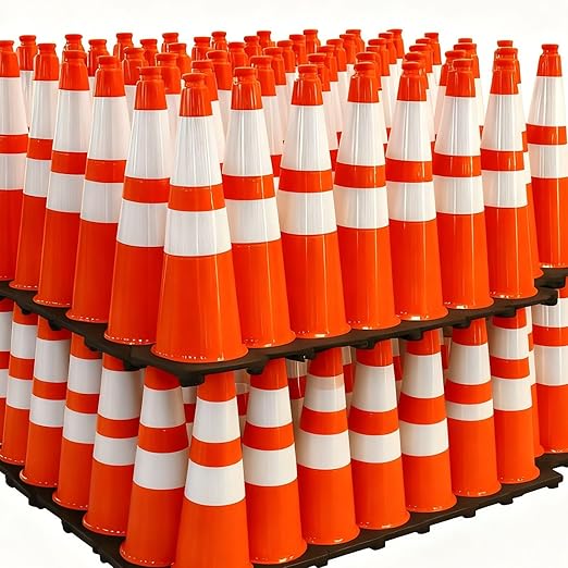 (360 Pack Pallet) BESEA 28 Inch Orange PVC Traffic Cones with Black Base, High-Visibility Reflective Parking Cones, Durable Construction Safety Cones for Roads, Worksites, and Parking Areas