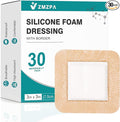 Silicone Foam Dressing 3x3 Gentle Border, Super Absorbent Wound Dressing, Bed Sore Patches, Waterproof Silicone Bandages for Wounds Care, Self Adhesive Pressure Sore Pads (30)