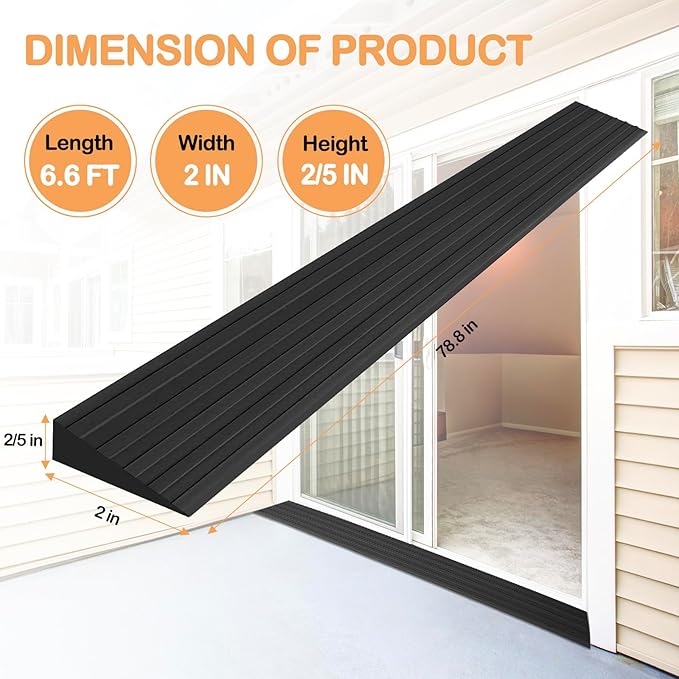 Threshold Ramps for Doorways Self-Adhesive Rubber Ramps for Door Threshold Rubber Door Threshold Ramp for Wheelchair Stroller Scooter Reducer Ramp (Black, 2” Wide x 6.6' Long)