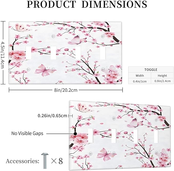 Cherry Floral Watercolor Pink Flowers Butterfly Light Switch Covers Quad Toggle Electrical Faceplate 4 Gang Wall Plate Decorative Switch Plates for Bed Room Living Room Decor
