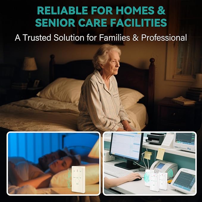 Bed Alarms for Elderly - Under & On Mattress Wireless Sensor Pad & Pager with Early & Exit Alarm Modes - Bed Alarms and Fall Prevention for Elderly and Dementia Patients - Replaceable Battery