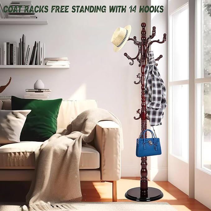 73" Wooden Coat Rack Stand,Coat Racks Freestanding With 14 Hooks And Solid Round Base Heavy Duty Adjustable Height Hall Tree Coat Rack for Entryway Hallway Foyer Office Bedroomf (Red sandalwood)