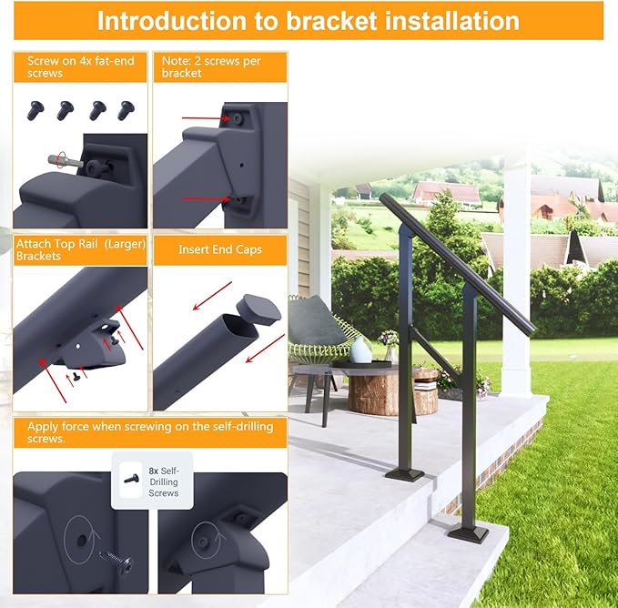 DIYHD 8 Step Handrail for Outdoor,Powder Coated Iron Stair Railing,Black Hand Rails for Indoor, Porch,Deck,1 Pack