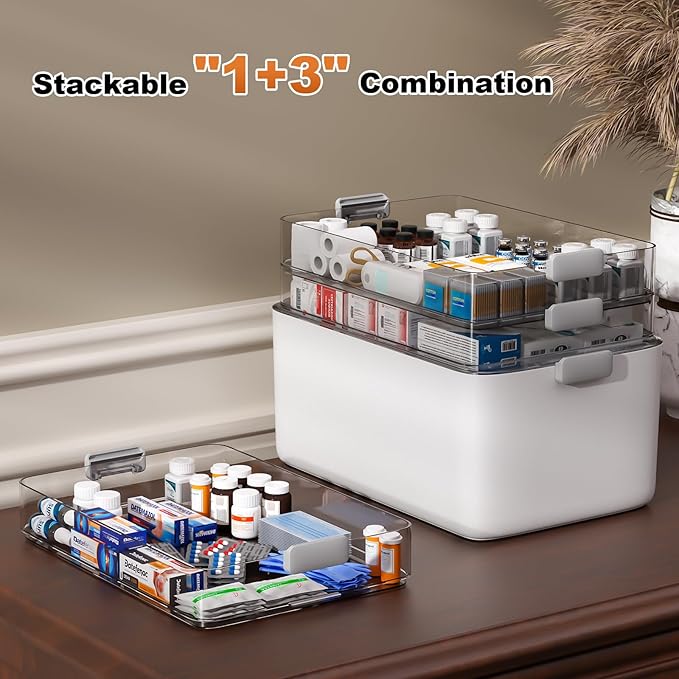 funest 4-Tier Medicine Storage Box Cabinet, Empty First Aid Kit Portable Medical Supply Organizer with Leather Handle for Home