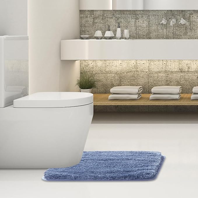 Suchtale Bathroom Contour Rug Non Slip Bath Mat Water Absorbent Soft Microfiber Shaggy Bathroom Mat Machine Washable Bath Rug for Bathroom Thick Plush U Shape Toilet Rug (20 x 24, Blue)