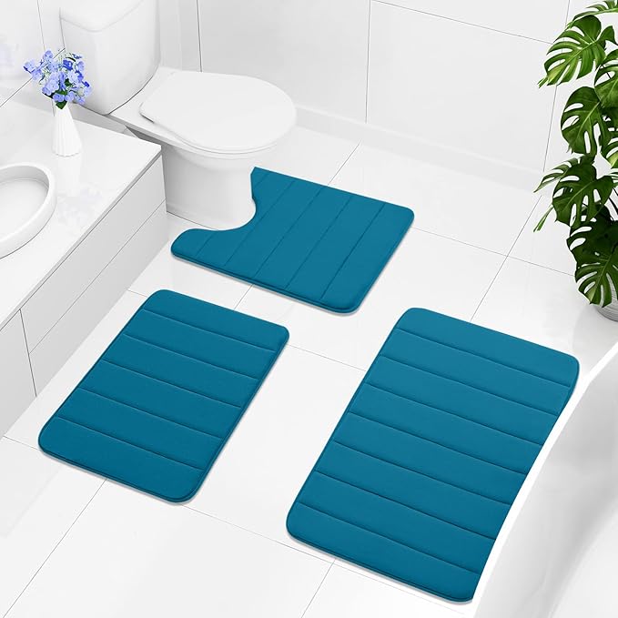 Buganda Memory Foam U-Shaped Contour Toilet Rugs, Non Slip Absorbent, Thick Soft Washable Bathroom Mat, Floor Carpet Bath Rugs Mat for Toilet Base (24" x 24", Peacock Blue)