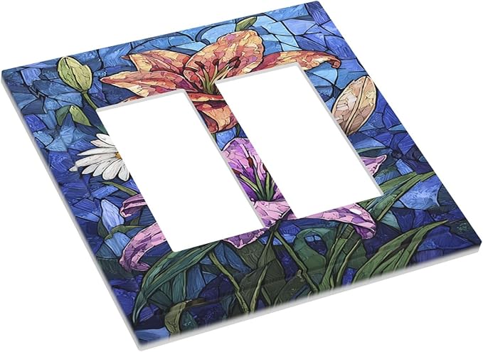 Decorative Outlet Covers Vintage Colorful Flower Oil Painting Style 2 Gang Double GFCI Rocker Electrical Wall Panels Light Switch Cover Plate for Bedroom Bathroom Decor
