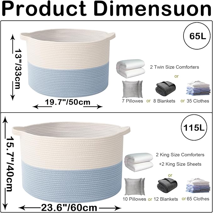 Large Storage Basket with Handle,23.6" x 23.6" x 15.7" Blanket Basket Storage Bins for Organizing,65L Cotton Rope Woven Baskets for Living Room, Nursery ,Bedroom,White&Blue