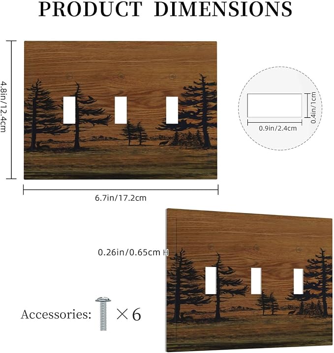 Decorative Switch Plate Covers Rustic Farmhouse Brown Board Pine Tree Wood Grain 3 Gang Light Switch Cover Plate Triple Toggle Wall Plate Light Switch Covers for Bathroom Decor