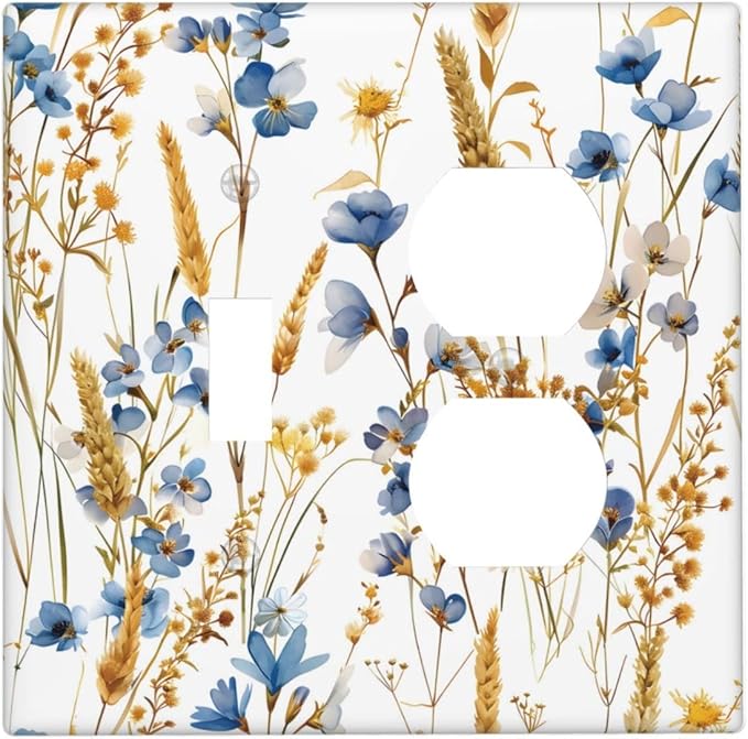 Vintage Wildflower Blue Gold Country Fall Wheat Floral Wallplates 1 Toggle 1 Duplex Switch Plate Electrical GFCI Faceplate Decorative Light Switch Covers for Bedroom Living Room Decor