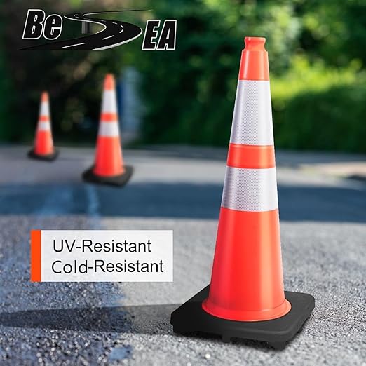 (8 Cones) BESEA 28” inch Orange PVC Traffic Cones, Black Base Construction Safety Cones Road Parking Cone Structurally Stable Wearproof (28" Height)