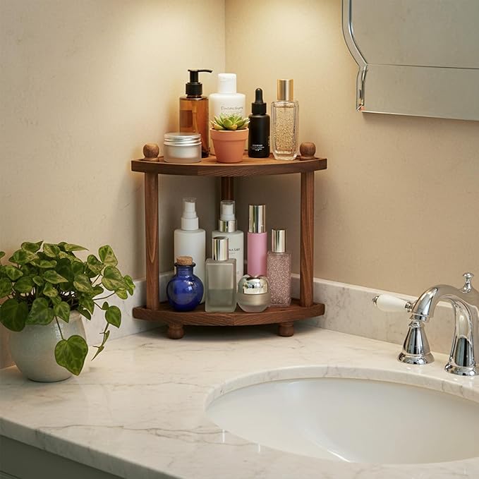 Corner Bathroom Counter Organizer, 2-Tier Bathroom Organizers and Storage, Wooden Makeup Vanity Perfume Organizer Shelf for Kitchen Dresser Countertop