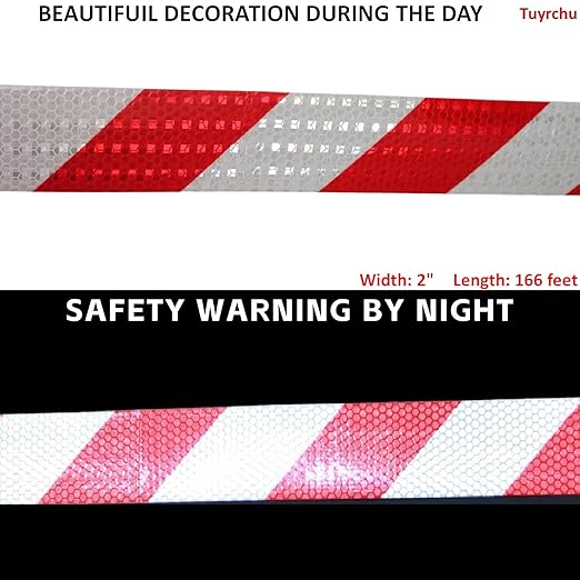 Red and White Reflective Tape 2 inch X 166 feet, Outdoor Waterproof Hazard Conspicuity Warning Industrial Marking Tape