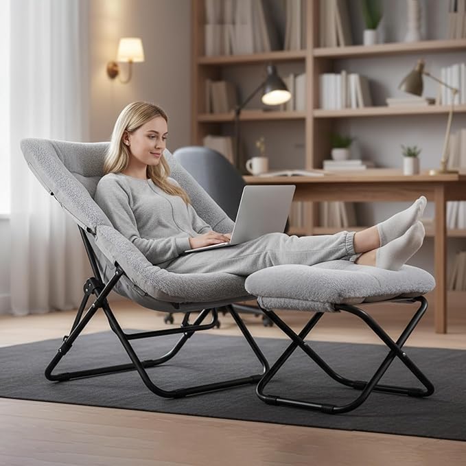 Tiita Folded Chair with Straight Ottoman, Soft Faux Fur Oversized Folding Accent Chair,Lounge Lazy Chair, Metal Frame Moon Chair for Bedroom, Living Room, Dorm Rooms, Garden and Courtyard, Grey