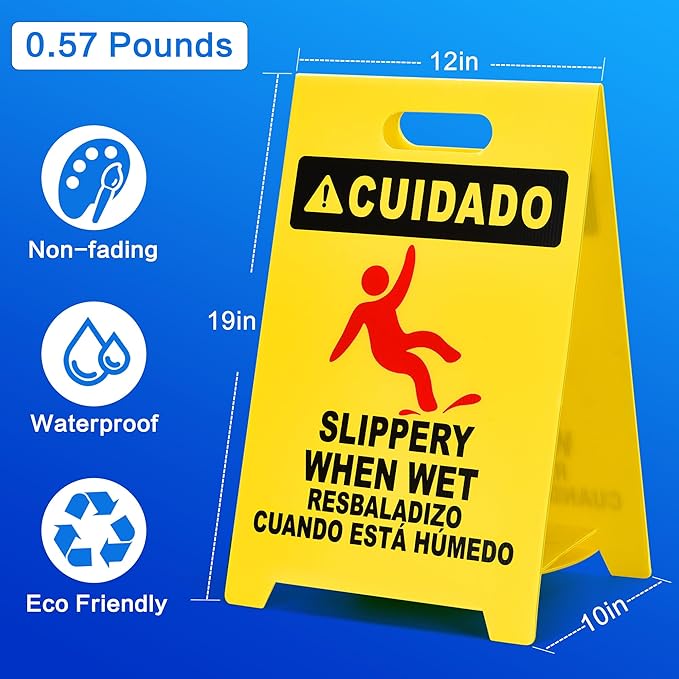 MATTHEW CLEANING 19'' Industrial Wet Floor Sign 6 Pack 2-Sided Durable Corrugated Plastic Birght Yellow Multilingual Warning Signs Commercial Caution Wet Fold-out Floor Signs For Indoors