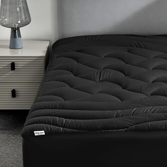 SLEEP ZONE King Size Cooling Mattress Topper, Premium Zoned Cool Mattress Pad Cover, Padded Mattress Protector Breathable Washable, Deep Pocket 8-21" (Black, King)