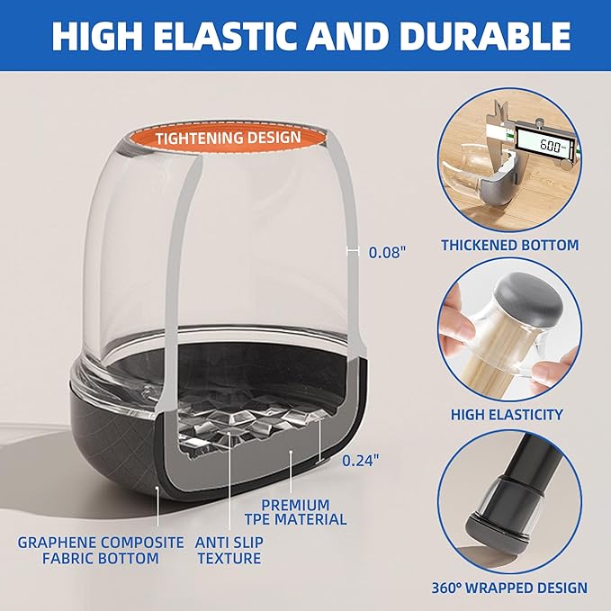 Extra Small Chair Leg Floor Protectors for Carpet Hardwood Floors, Upgraded Chair Leg Caps with Graphene Fabric Bottom, No Cat/Dog Hair Clinging, 16 Pcs Clear Furniture Leg Feet Covers (Fit 0.6"-0.8")