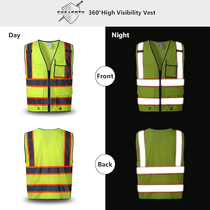 SKSAFETY 10 Pockets Safety Vest, Class 2 High Visibility Security with Zipper Back Mesh, Hi Vis Vest with Reflective Strips, ANSI/ISEA Standard, Construction Work Vest for Men ＆ Women （Lime, XL）